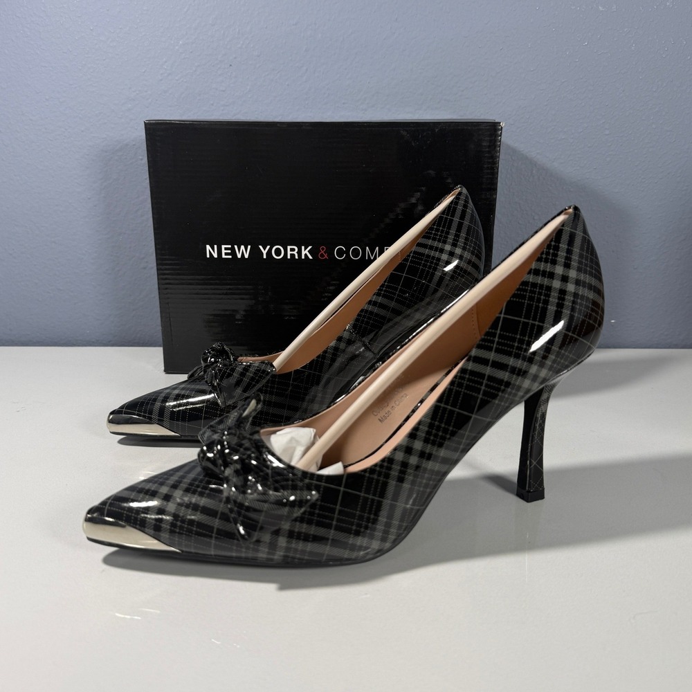 New York & Company Wendy Metal Accent Bow Pump Black Grey Plaid Stiletto Size 11